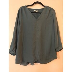 Emma & Olivia Women's Green V-Neck Gathered Front Long Sleeve Tunic Top Size M